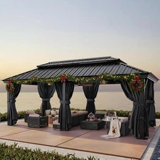 12'x20' Hardtop Gazebo Heavy Duty Hot Tub Gazebo with Flame-Resistant Curtains