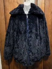 Dennis Basso Blue Faux Fur Jacket Reversible Water Repellent Wind Breaker Sz M-L