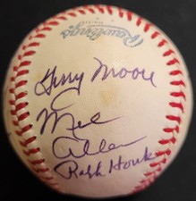 MEL ALLEN, JOE GARAGIOLA, RALPH HOUCK MULTI SIGNED AUTOGRAPHED OMLB BASEBALL HOF