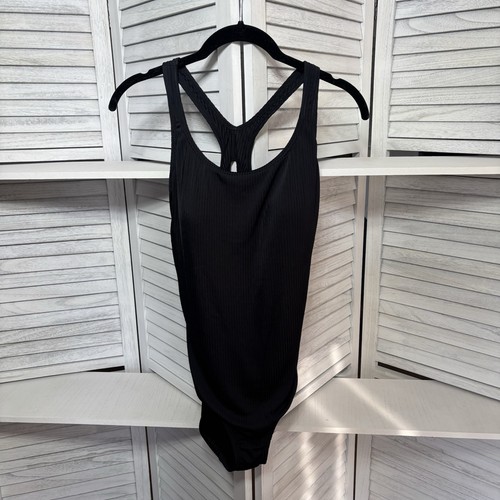Speedo Women’s M Black Ribbed Racerback One Piece Swimsuit Padded Cups