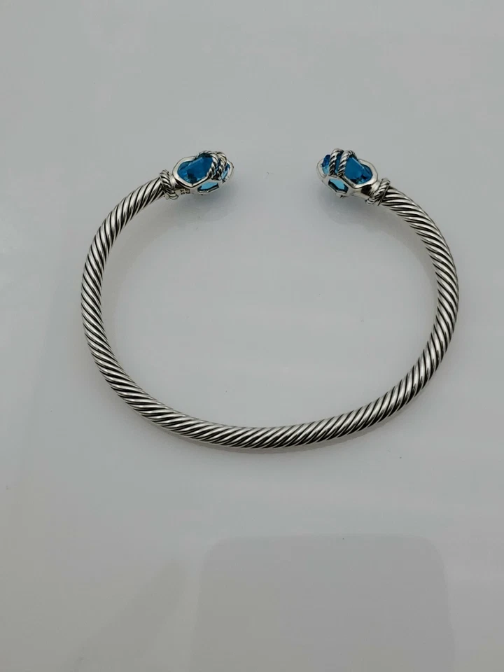 David Yurman 纯银蓝色黄玉和钻石电缆包裹式手链 4 毫米 — 第 2/4 张图片