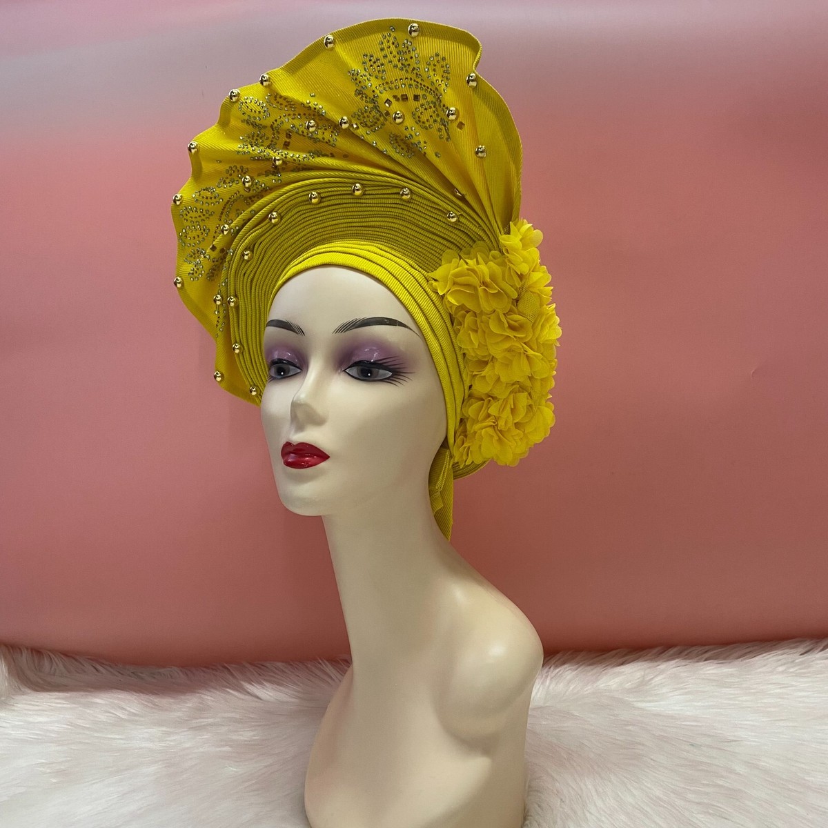 COPY - Aso-Oke African Headtie Auto Gele, Green Stoned Ready Made Gele Fabric Adjustable Pre-tied Light Green Oghogho African Aso Oke  main image 2
