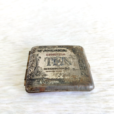 Vintage 1928 K Series 10 Dollar Bill Cigarette Case Chrome Plated Japan  CG560