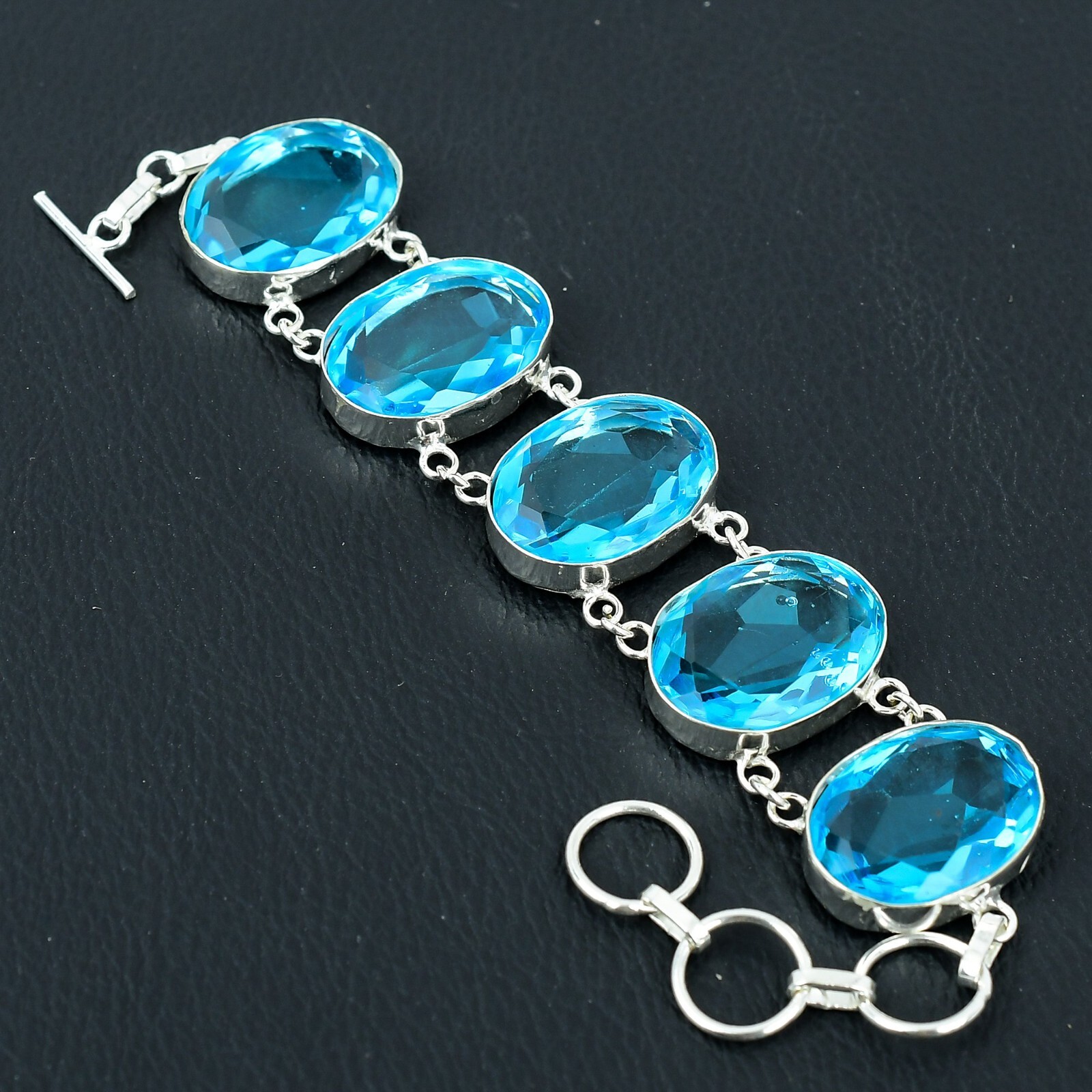 Swiss Blue Topaz Handmade 925 Sterling Silver Adjustable Bracelet 7-8 Inches