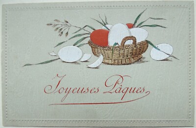 Antike französische Ostergrußkarte Joyeuses Paques Ostereier im Korb