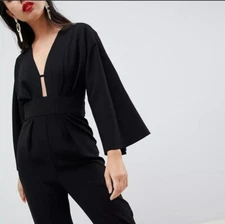 Evening Sexy Jump Suit Open Back ASOS Sz 0 Black Deep V Straight Leg  Cocktail