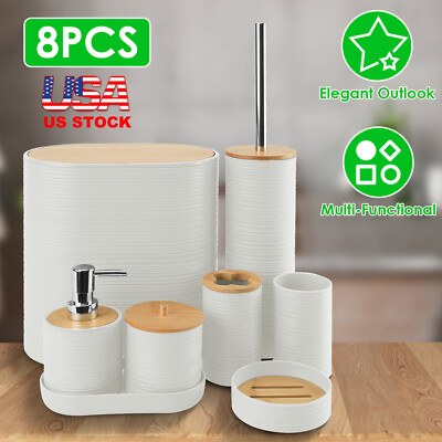 8 Piece Bathroom Accessories Set Toilet Brush Trash Can Soap Dish Qtip Holder