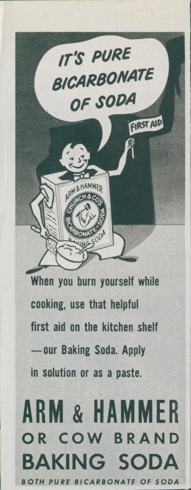 1948 Arm & Hammer Cow Brand Baking Soda Anthropomorphic Box First Aid Ad C20