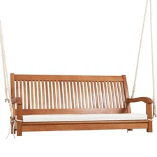 2-Person Hanging Porch Swing Wood Bench Backyard Natural W/ Cushion Curved Back