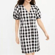 LOFT Gingham Plaid Linen Rayon Button Up Dress Black White V-Neck Women’s Size 2