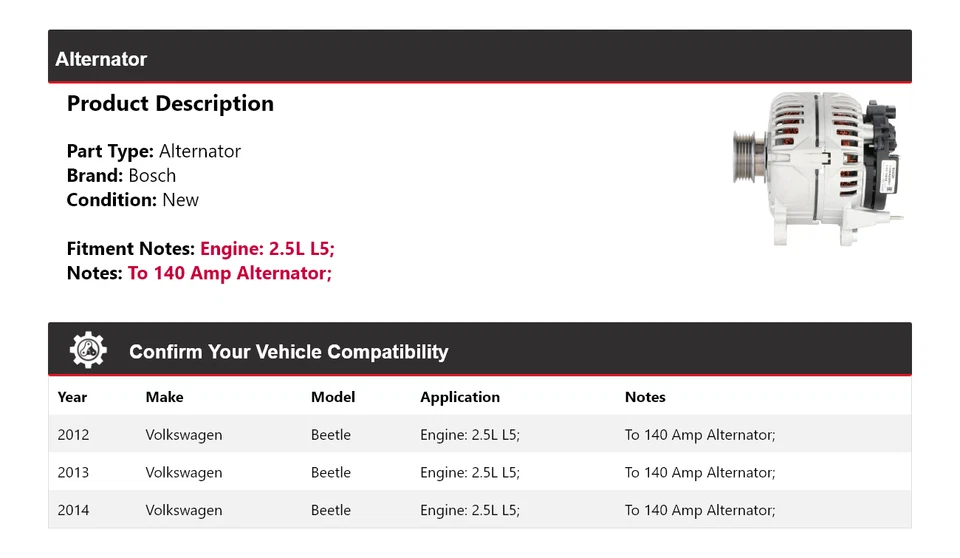 Alternador Bosch para Volkswagen Beetle 2012-2014 2,5 L L5 (nuevo) 2013 Foto 2 de 4