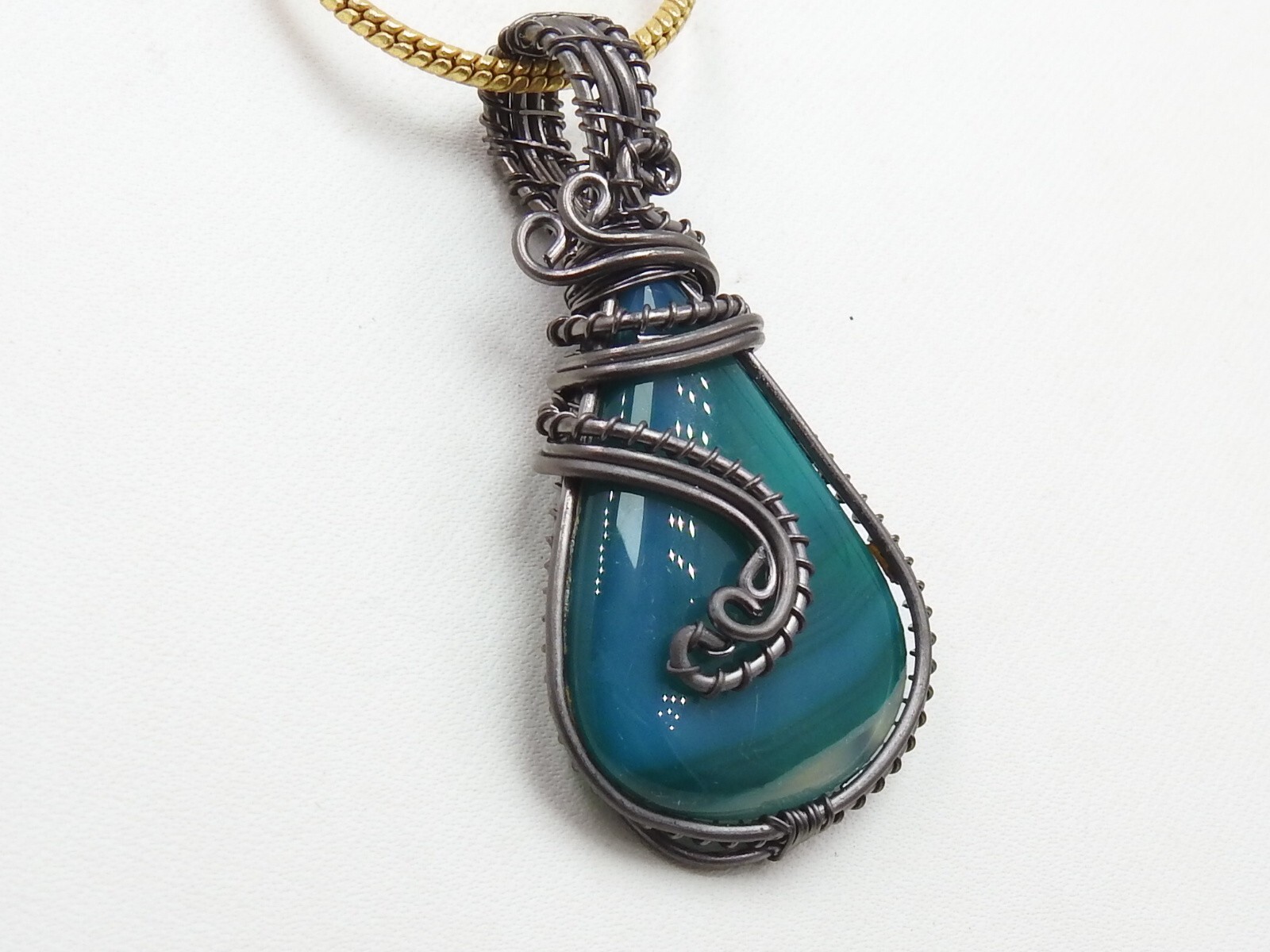 Green Strip Agate Brass Pendant Silver Oxidised Polished Wire Wrapped Jewelry