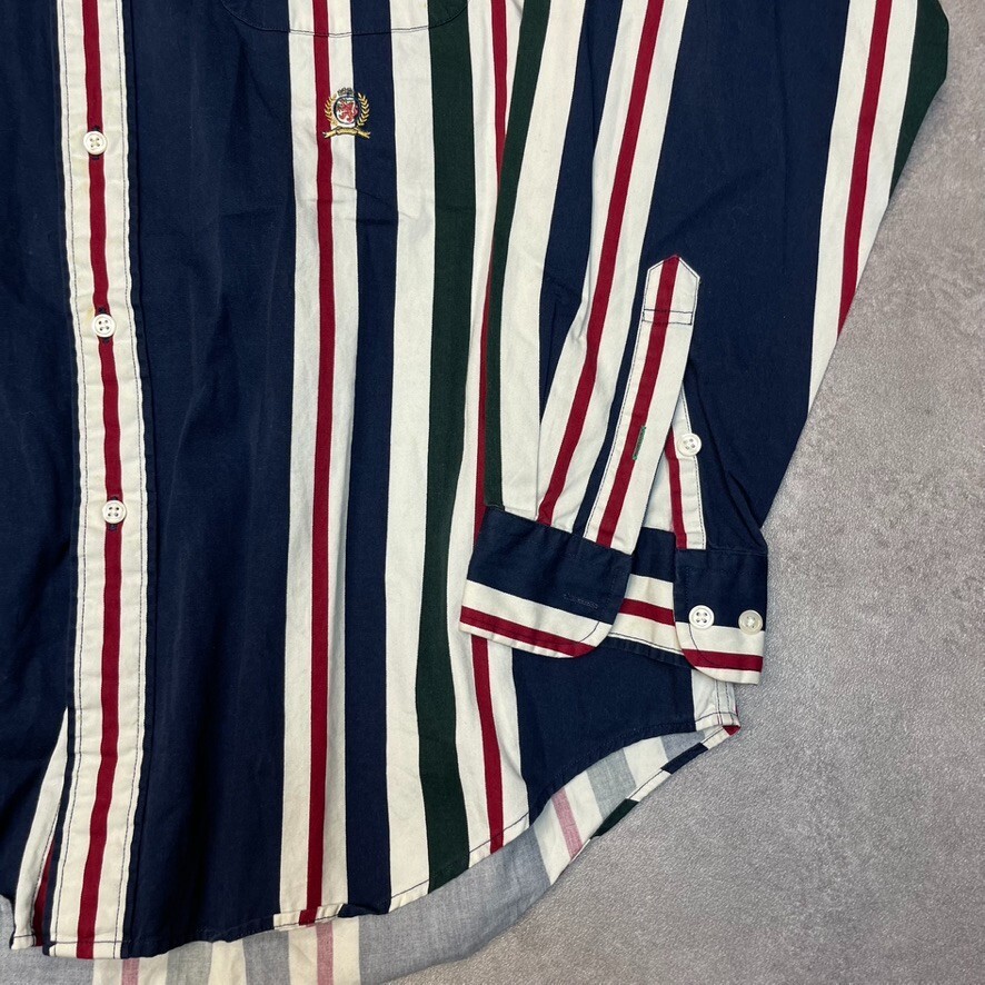 Tommy Hilfiger Shirt Mens Large Crest Long Sleeve Striped Button Up Top, Navy, image 5