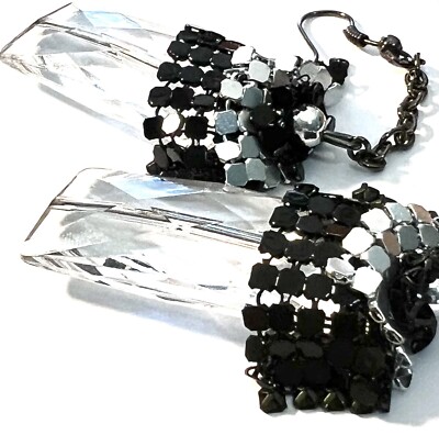 Vintage Retro Dangle Black And Silver Tone Metal Chain And Crystal Hook Earrings
