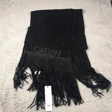 Calvin Klein Scarf Black Knit Embellished Fringe Rectangle Oblong NEW NWT