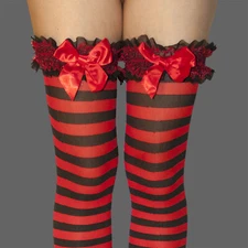 PARTY  COSTUME  DELUXE GARTER TOP BLACK RED STRIPE STOCKINGS THIGH HIGH NWT