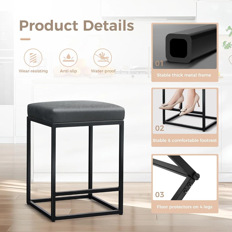 24 inch Bar Stool Upholstered Counter Height Backles Kitchen Island Dining Chair - Image 4 of 4