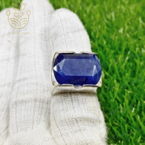 Emerald Cut Natural Blue Sapphire Mens Ring Ceylon Sapphire Sterling Silver Ring - Picture 4 of 10