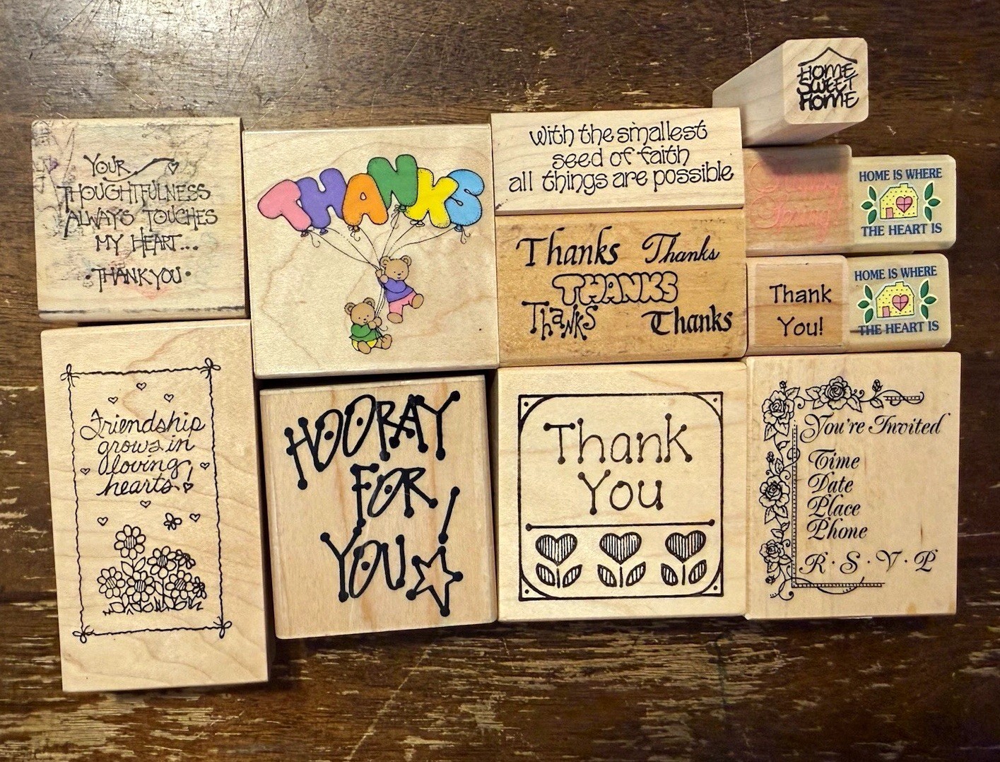 Wood Mounted Rubber Stamps Mixed Lot Words Thank You Flowers Home Border