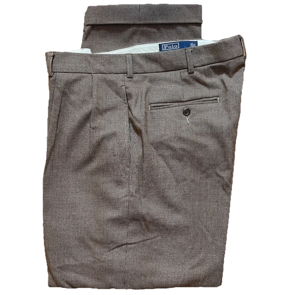 Pantalones Polo Ralph Lauren 36x30 Marrón Pata de Gallo Plisados Puños Cintura Alta De Colección Foto 3 de 4