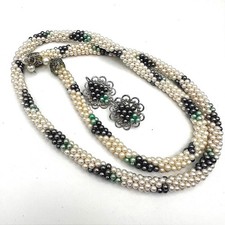 Vintage 80s Faux Pearl Twisted Rope Necklace & Earrings Set Silver Tone Women's