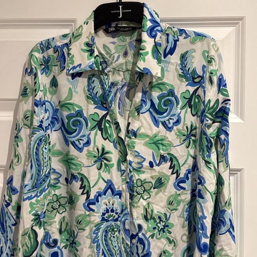 Blusa para mujer Zara verde blanco azul floral manga larga abotonada talla grande - Imagen 2 de 5