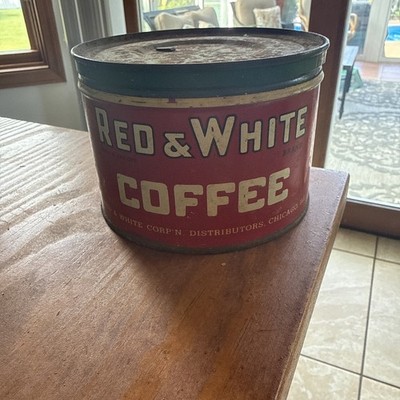 Vintage Red & White Coffee Tin With Lid, Advertising Great Color