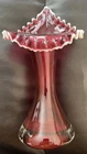 Beautiful FENTON  JACK-IN-THE-PULPIT  CRANBERRY RUFFLED TOP VASE With White Trim