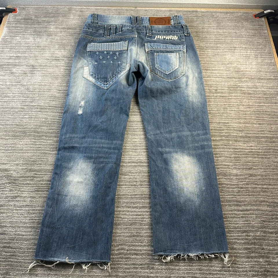 Pantalones de mezclilla Japrag para hombre 34x30 azules recortados Y2K tachonados botones mosca Foto 2 de 4
