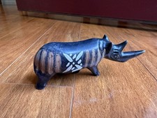 Handmade Carved Soapstone Rhino Rhinoceros Black W/Designs Kenya Medium 6.5&rdquo;