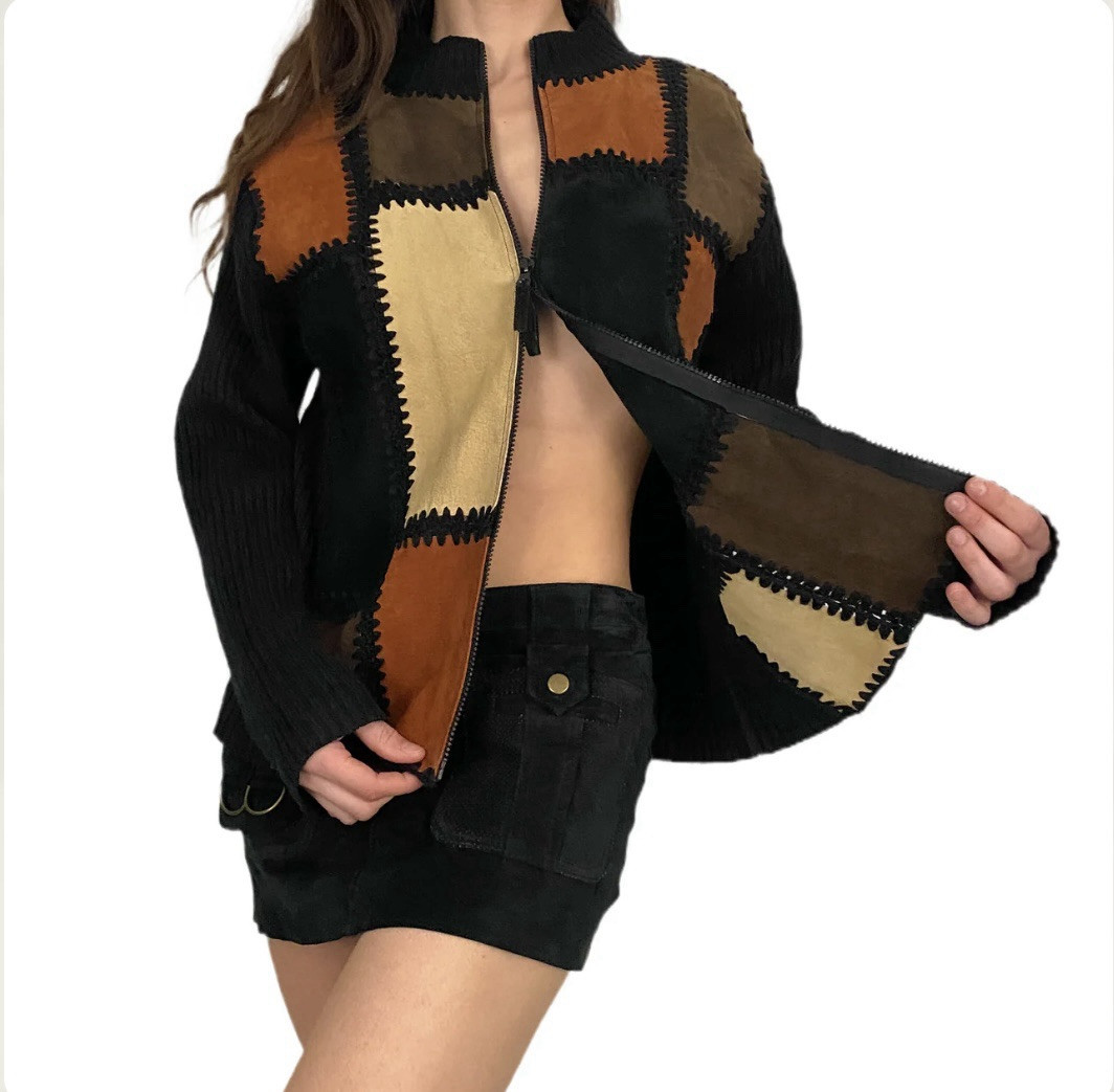 Suede Patchwork Double Zip Knit Sweater Fabric Sl… - image 4