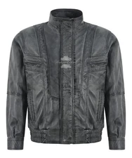 Men's Bomber Regular Fit Classic Grey Waxed Leather Jacket Blouson Style Jacket