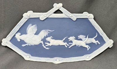 Gebruder Heubach German Bisque Porcelain Wall Hanging?, Dogs Chasing a Chicken