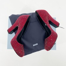 Prada F/W 2019 Red Crystal Ruby Slipper Pump Satin Block Heel size IT 37.5