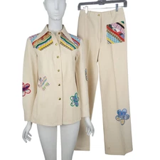WENJILLI Vintage 70s 2pc Set 5/6 Beige Patchwork Snap Button Shirt Pants Hippie