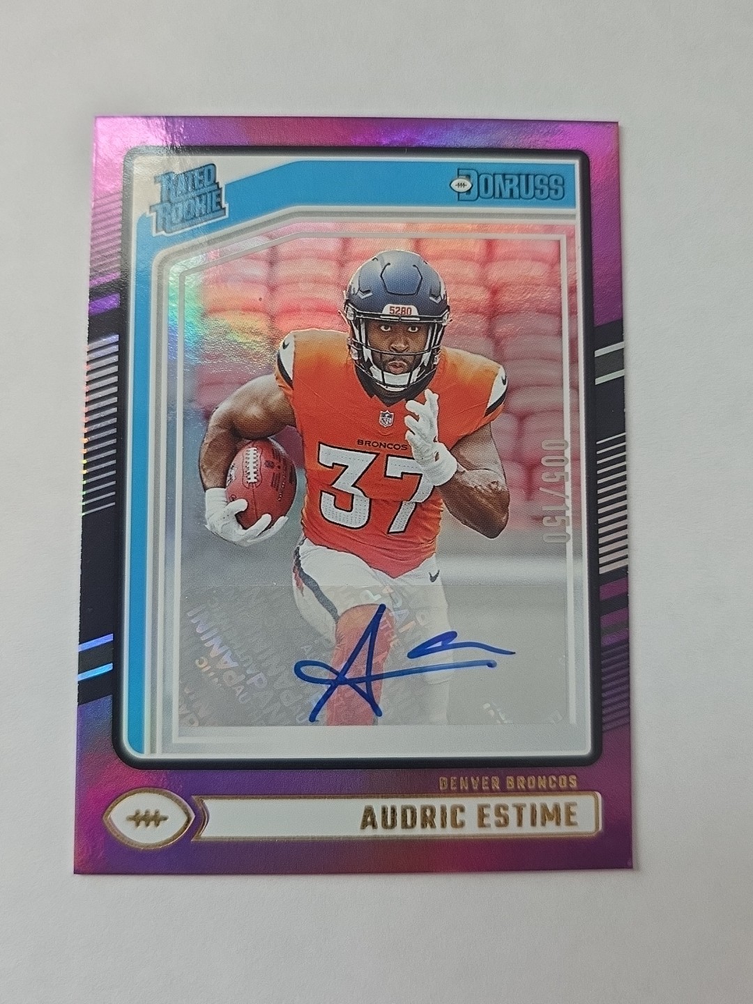 AUDRIC ESTIME 2024 DONRUSS RATED ROOKIE PURPLE BRONCOS RC AUTO /150