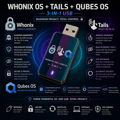 Linux 3-in-1 Whonix OS + Qubes OS + Tails OS Boot USB - COMPLETE Privacy Bundle