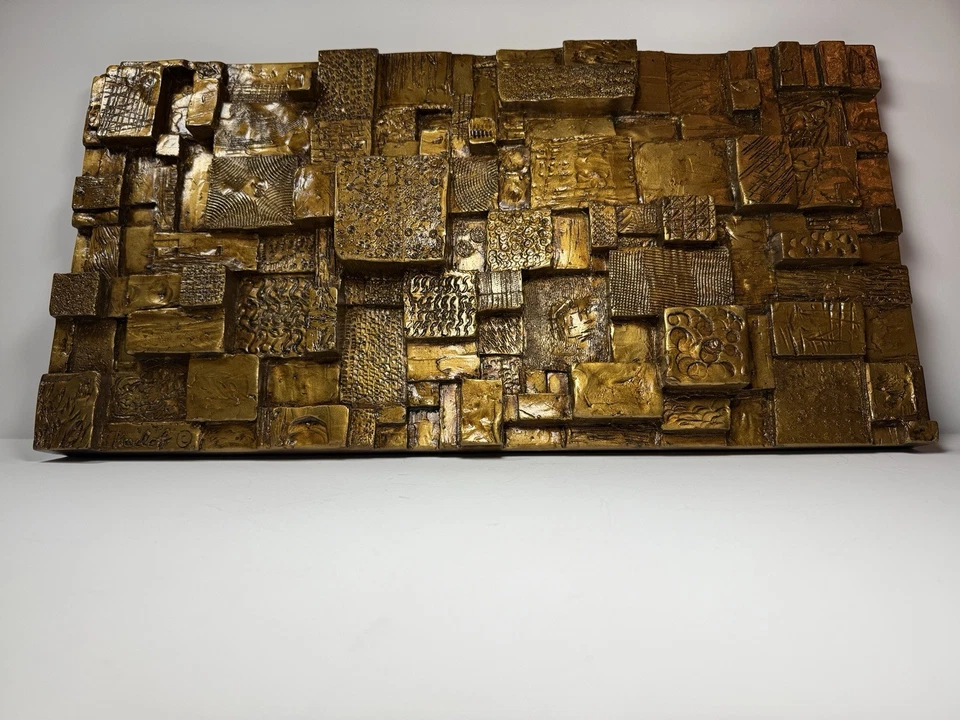 Assinado ©1970 MCM Brutalista Arte de Parede Fundida Escultura em Alívio Bronze Arquitetônico - Imagem 3 de 4