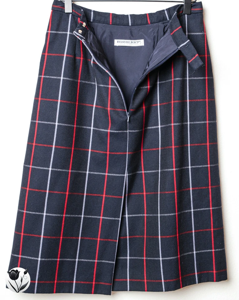 Falda Burberry Hecha en Inglaterra Lana a Cuadros Línea A Azul Marino Rojo Cuadros Vintage Talla 4-6 Foto 3 de 4