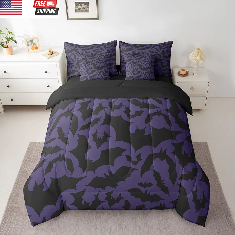 Juego de edredón para niños con temática de Halloween 7 piezas tamaño queen, murciélagos negros estampado animal S Foto 2 de 4