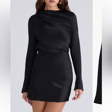 House of CB Black Mariska Open Back Long Sleeve Mini Dress Satin Size Medium