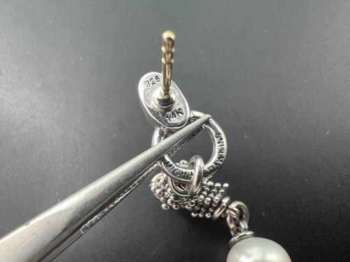 MICHAEL DAWKINS STERLING SILVER 925 14K YG GOLD GRANULATION PEARL DROP EARRINGS - Picture 4 of 5