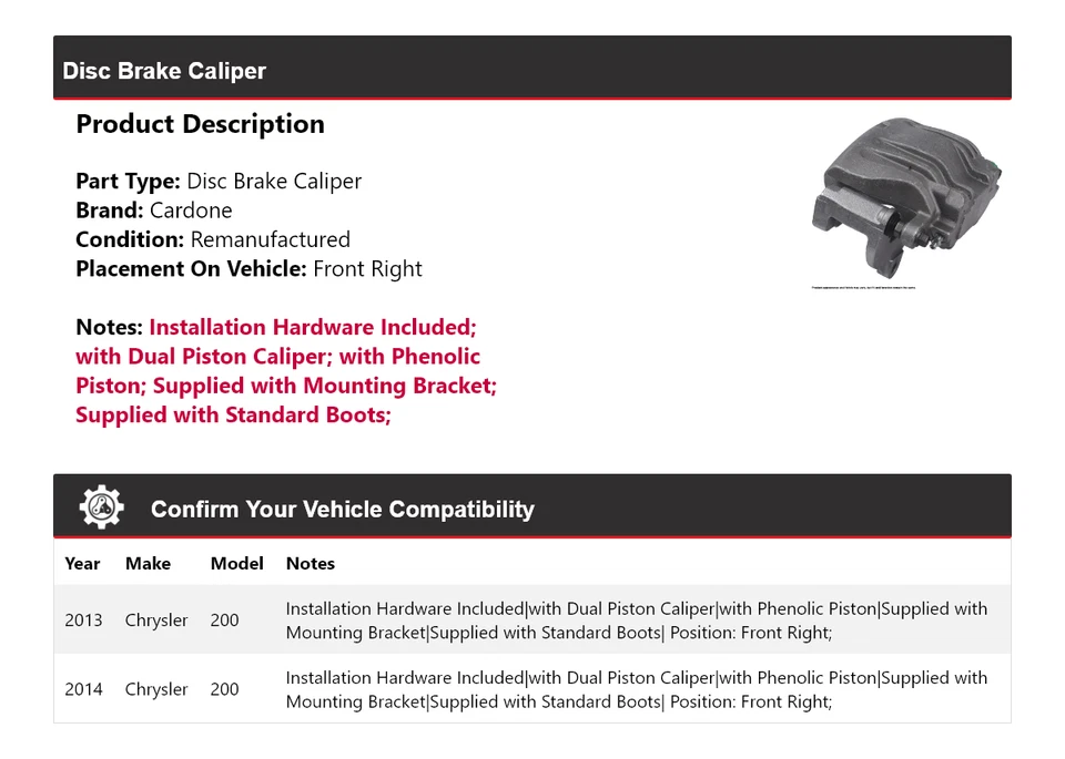 Pinza de freno de disco delantera derecha Cardone para Chrysler 200 2013-2014 Foto 2 de 4