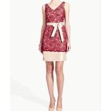 Red Wine Lace Women's Ribbon Belted The Limited Sheath Cocktail Dress Sz 14 New