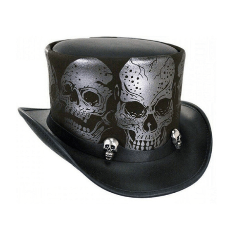 Skull Western Cowboy Leather Top Hat 