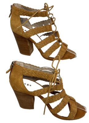 Hinge Women Chunky Heel 10 M Camel Suede Leather Braided Tie