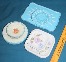 PLAY DISHES Tin Plates Trays - vintage square round flowers blue pretend