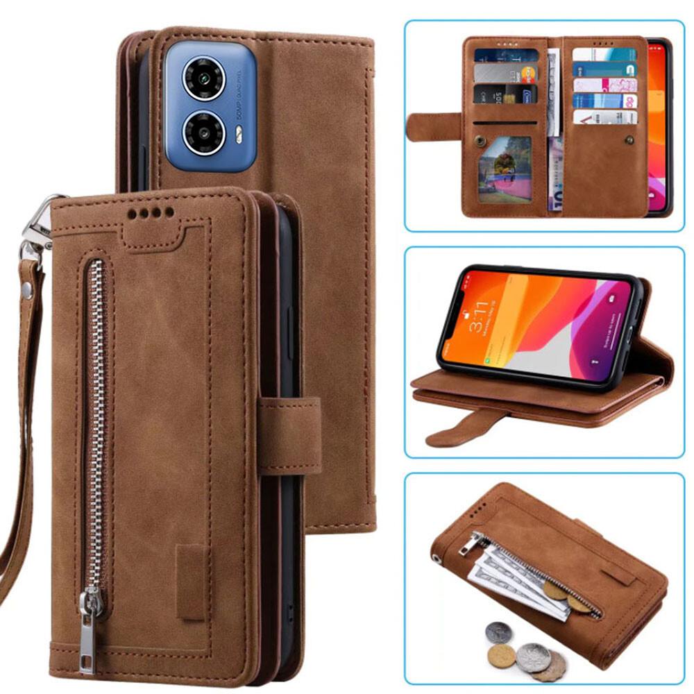 For Motorola Moto G24 Power Wallet Case,Leather Zipper Magnetic Flip Card Case