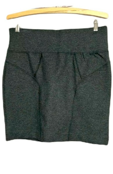 ELLIS & DEWEY women knit mini skirt size S grey shimmer metal high waist stretch