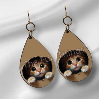 Whimsical Peek-a-Boo Orange Cat Earrings NO TARNISHING Wood - Main Image